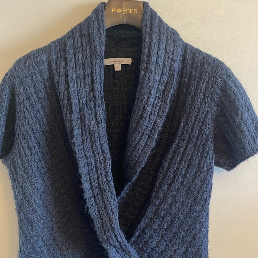 Shawl Collar Short Sleeve Faux Wrap Sweater - sz M - Picture 3 of 7